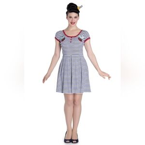 NWT HellBunny Blue&White Striped Nautical Rockabilly Dress W/ Red Accents- Large